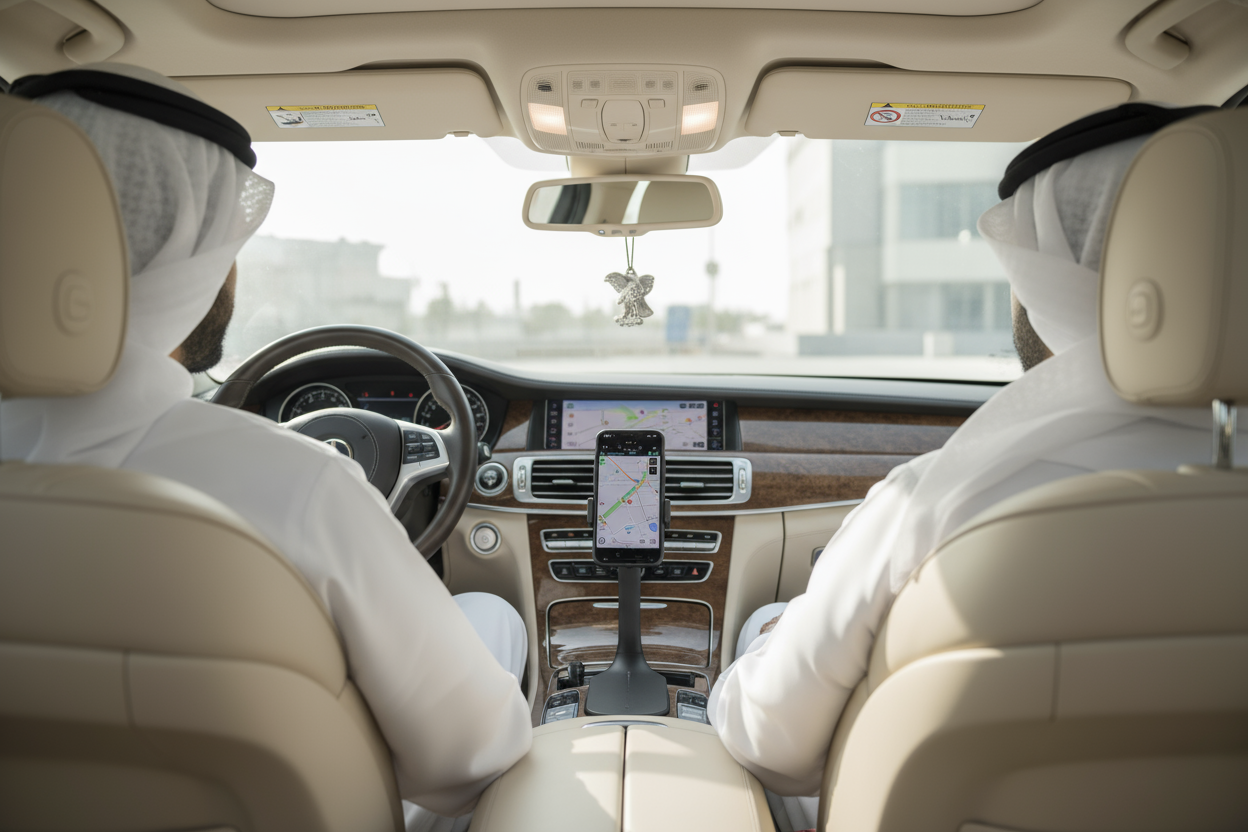 an image where sit the men in front both front seat and the mobile is stand with the help of mobile stand  and near the car air fresher and men wear the UAE outfit