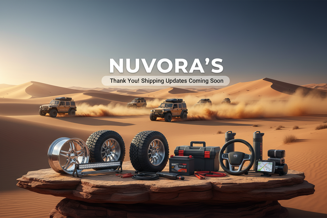 is main just car k product hoon bass aur us main ye text bhi likha hua ho "Thank You! Shipping Updates Coming Soon" Aur image ka background sara desert main hoon aur us main kuch jeeps  chal rahi hoon