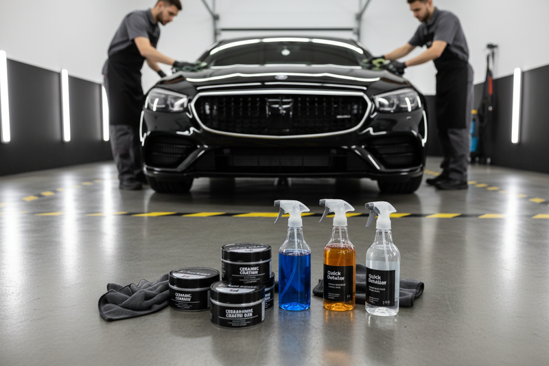 Mujhe 1 image generate kar do jis main coating wax aur shining spary, liquid spray etc moujood hoon aur pehce 1 black color ki car teheri ho shine karte howe image quality bhi honi chahiye aur haan image per koi text na ho