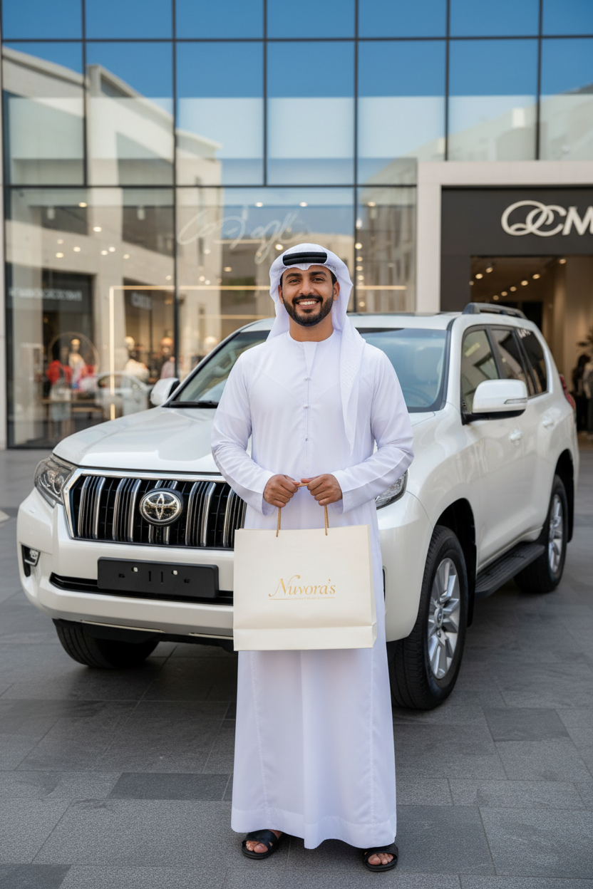 Mujhe 1 mobile view k liye image genrate kr k do jis main 1 person arabic libas main ho aur us hath main 1 shopping bag uthaya howa hai Aur us bag per Nuvora's likha hua hai. Us k peeche 1 prado kahri hai. Aur image mobile ciew per poori ani chahiye Prson ki feeling smile wali ho aur iamge mobile view per poori aay